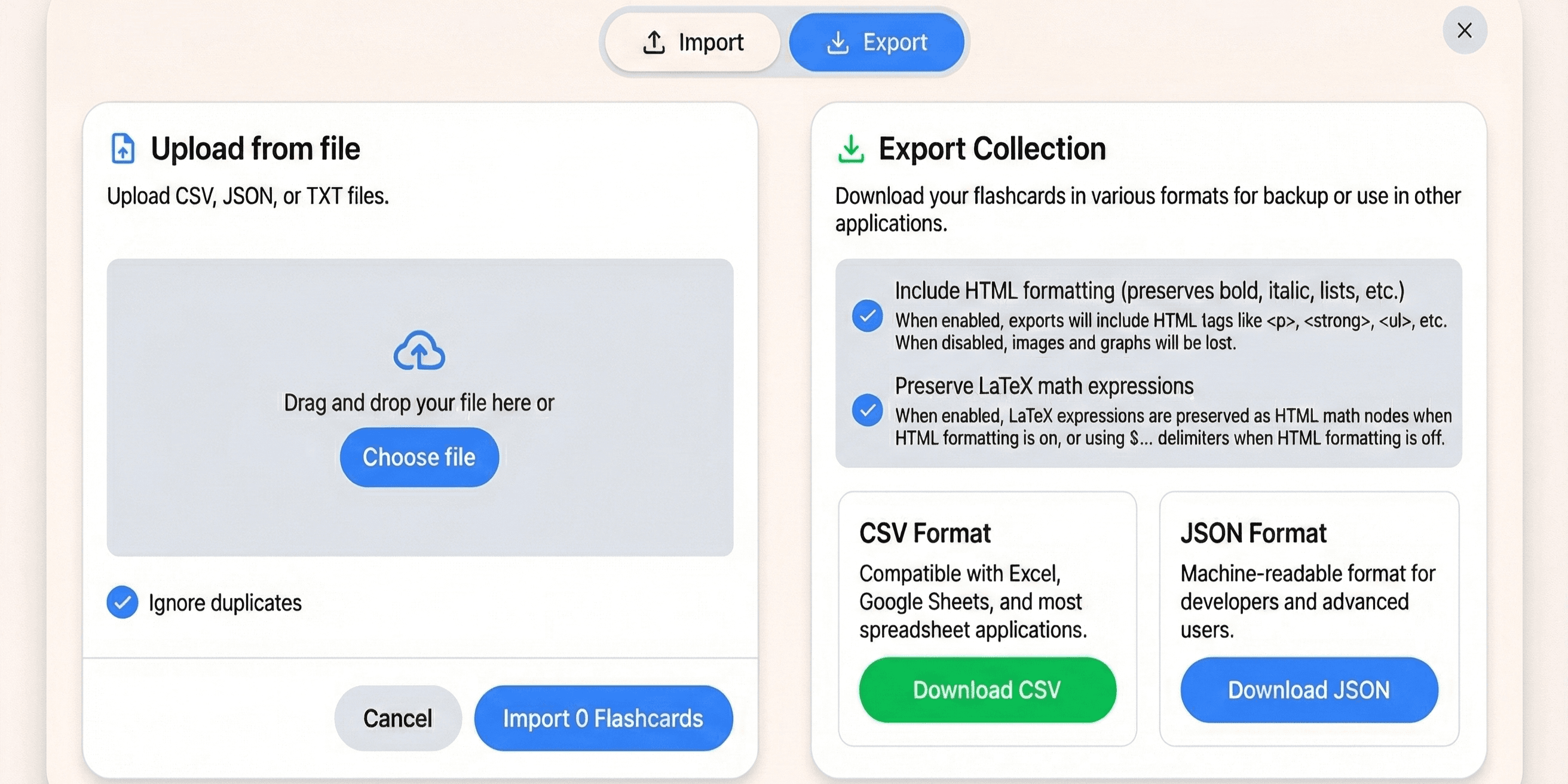 Import and Export Flashcards